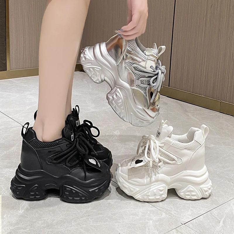 Μόδα 10CM Άνοιξη Γυναικεία Casual Αντιολισθητικά Αθλητικά Παπούτσια Πλατφόρμας Ψηλά Τακούνια Φθινόπωρο Αθλητικά Δερμάτινα Παπούτσια Αναπνεύσιμα Αθλητικά Παπούτσια Chunky