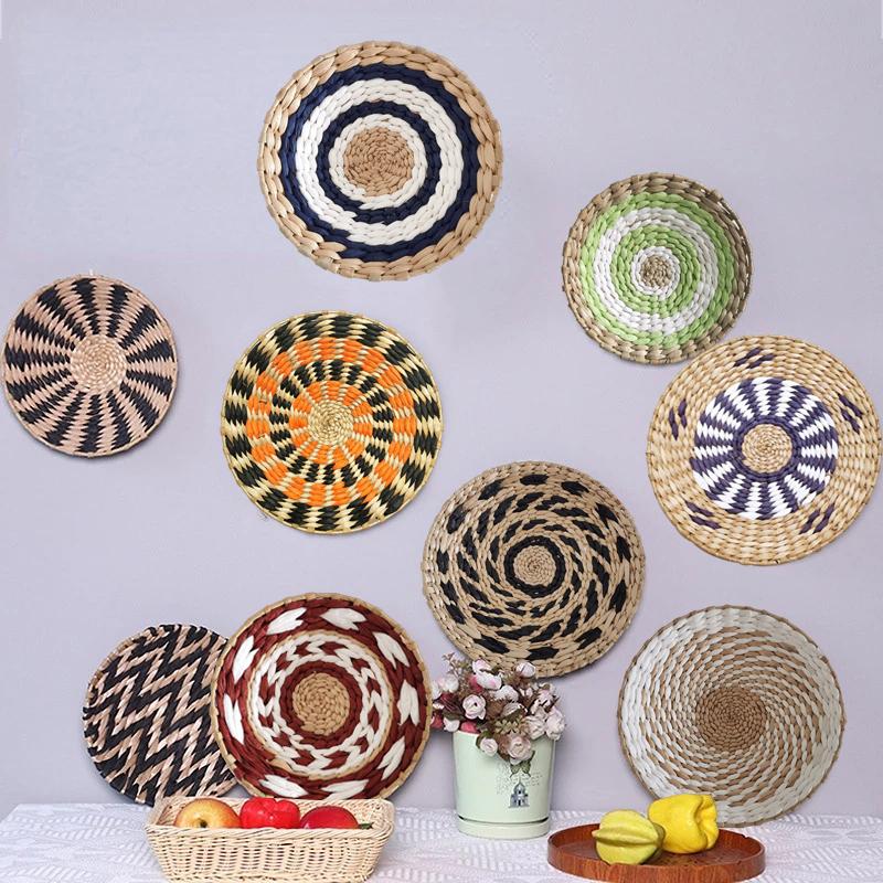 1PC Woven Rattan Disc Home Straw Round Plate Ornament Handmade Wall Hangings Boho Natural Papyrus Tassels Art Decoration