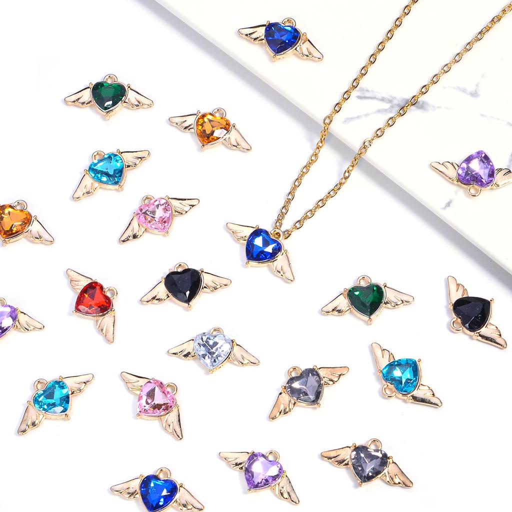 10Pcs Heart Wings Charms Alloy Colorful Rhinestone Romantic Pendant for Jewelry Accessories DIY Making Earrings Necklace Charm