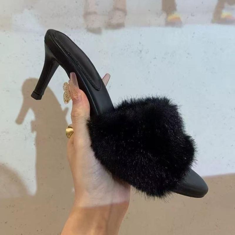 Fashion High Heel Women Fluffy Slippers Fashion Pointed Toe Elegant Shoes 2025 New Autumn Slingback Dress Pumps Party Zapatillas Mujer