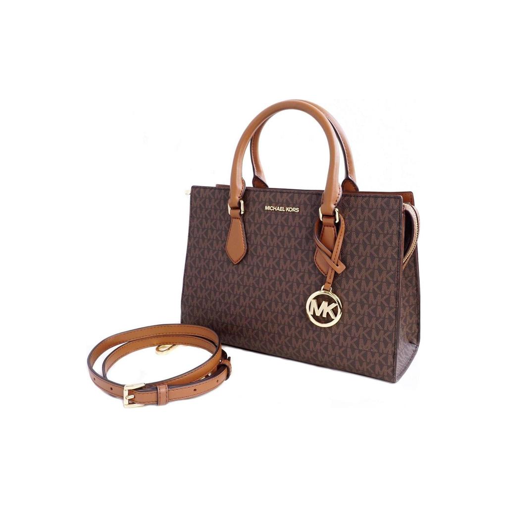 Michael Kors Sheila Logo Pendant Classic Monogram Zip Leather Tote Bag Women Tote Gold Brown 35S3G6HS2B-BROWN