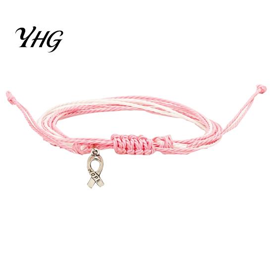 Breast Cancer Awareness Gifts Bracelet for Women, Adjustable Woven String with Handwoven Rope Wristband Ribbon Charm, Handmade Braided Survivor