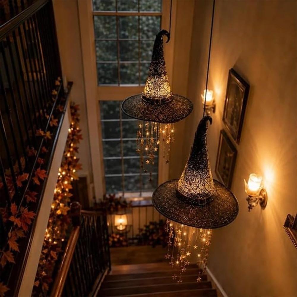 Glowing LED Light‑Up Witch Hat Ornament with Star Tassels Halloween Witch Hat Decor  Porch