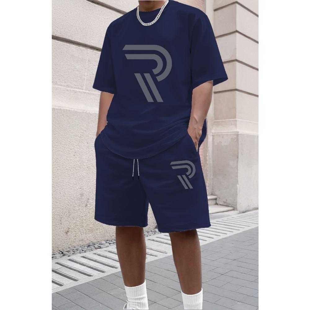 

Men s summer short sleeved T-shirt set, fashionable two-piece set, sportswear, casual shorts S темно-синий