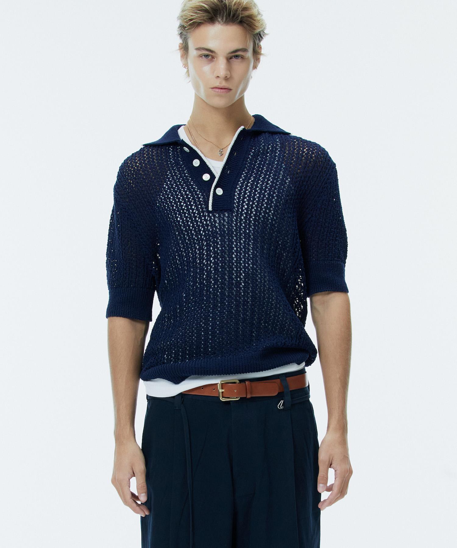 Noang Crochet Short Sleeve Collar Knit Navy Navy/S