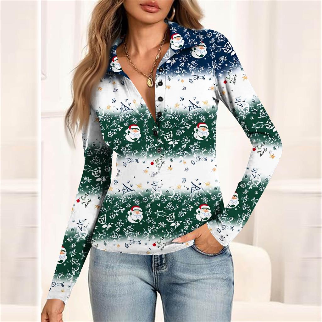 Damenmode Lässig Bedrucktes V-Ausschnitt Langarm Knopfleiste Oberteil