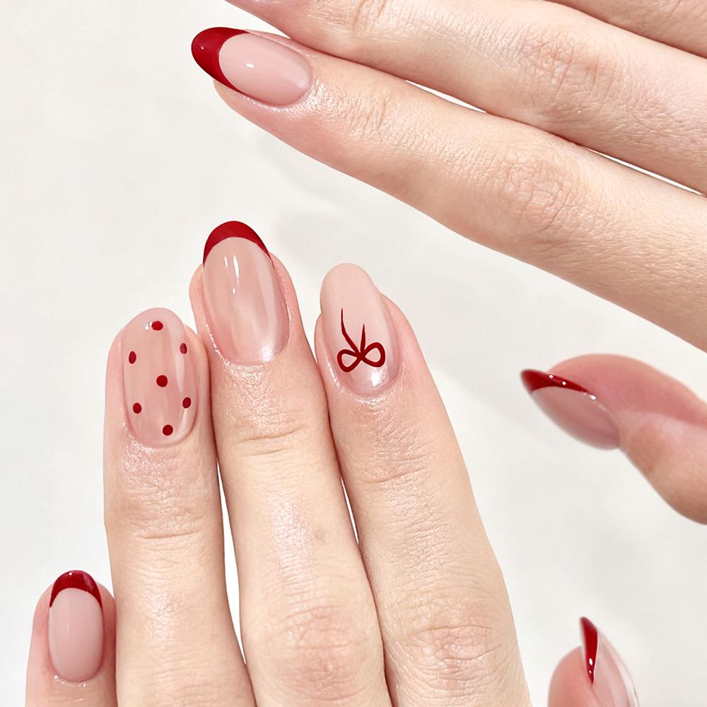 Cat Eye Wearable Polka Dot Nails with Red Bow - Cute Detachable Manicure, 24 Pieces