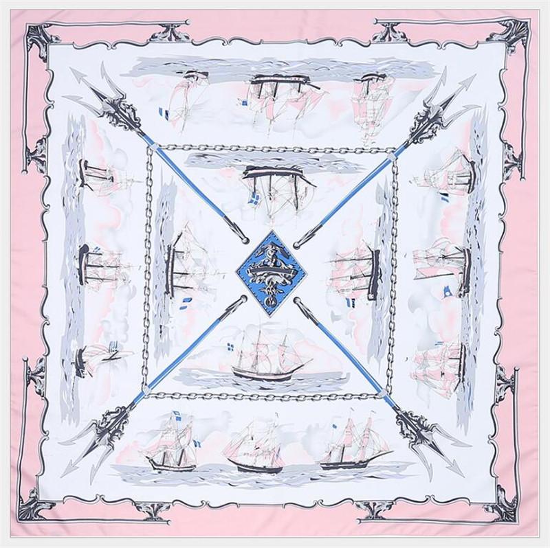 POBING 100% Silk Scarf Women Large Shawls Spain Warship Print Stoles Square Bandana Hijab Luxury Kerchief Female Foulards 130CM