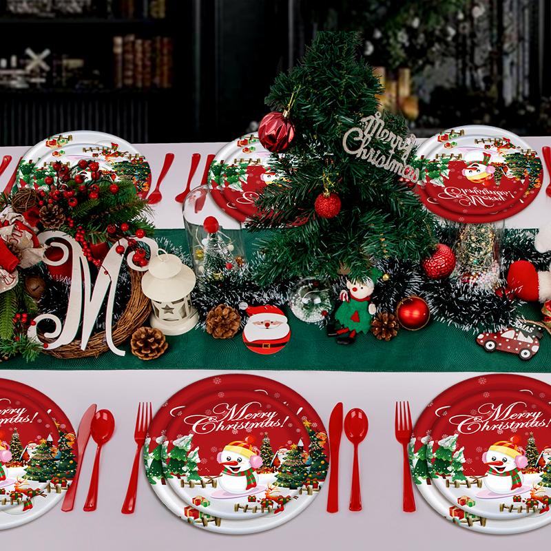10Pcs/Set Disposable Tableware Set Spoon Fork Happy New Year Merry Christmas Party Supplies Paper Plates X-mas Party Decorations