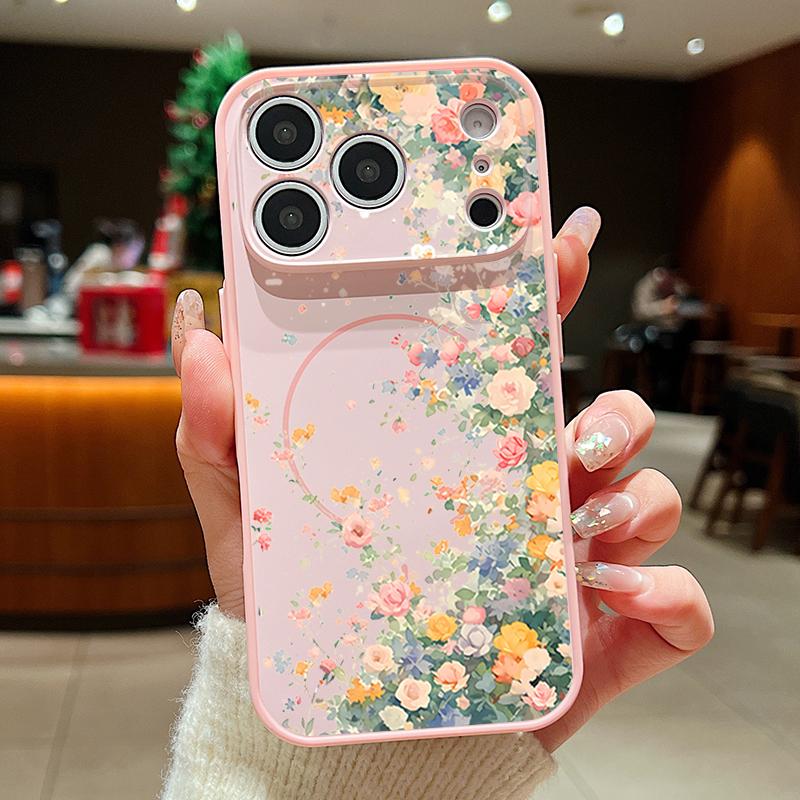 Colorful Rose Pattern Magnetic Phone Case For iPhone 17 Pro 16 15 14 13 Pro Max For Magsafe Wireless Charge Lens Protect Cover