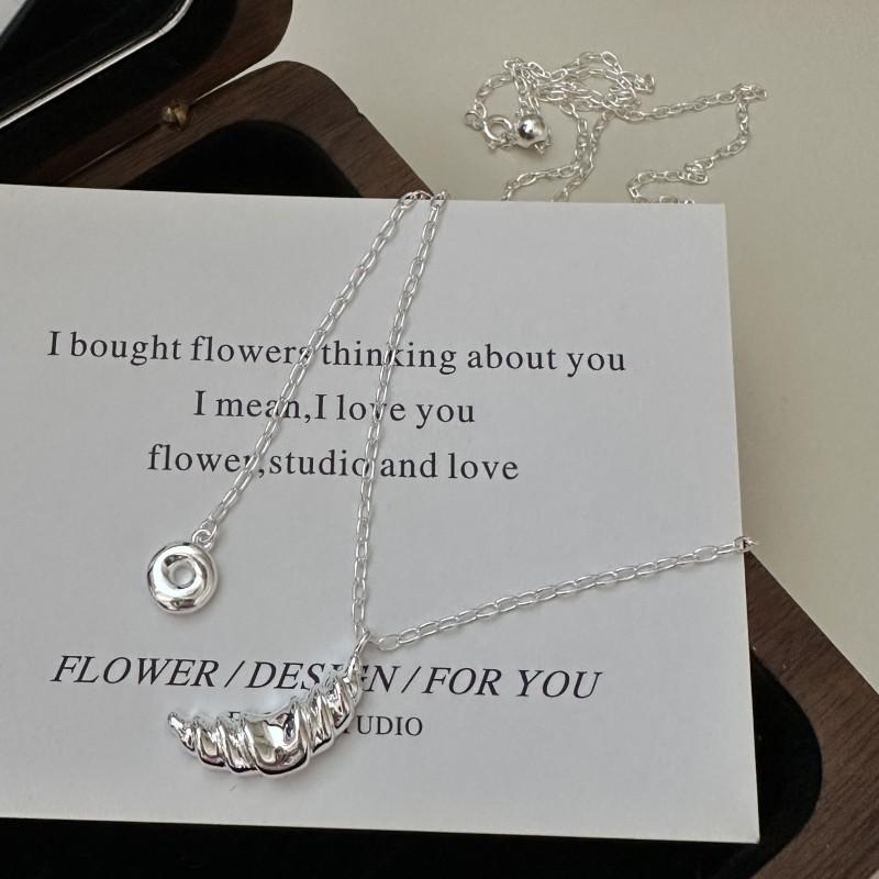 S925 Sterling Silver Niche Design Sense Croissant Donut Necklace Korean Style Fashion Retro Pull-Up Sweater 925 silver