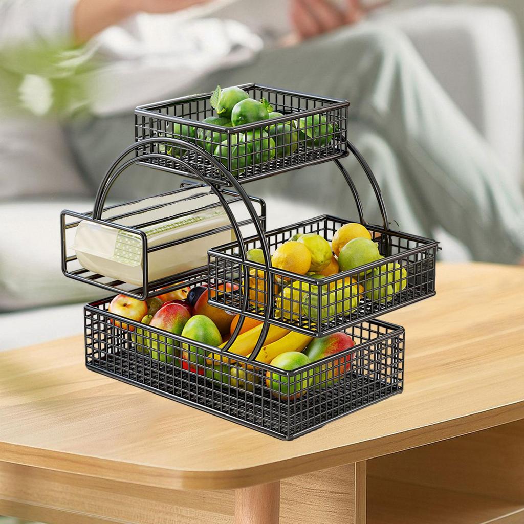 Iron Triple Layer Fruit Basket Snack Tray Open Access Design Smooth Edges Accessories 11.8x7.8x11.8inch with Tissue Box Holder