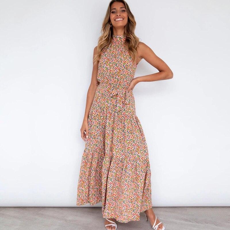 Sexy Neck-mounted Dot Beach Dress For Holiday Summer Casual Sleeveless Floral Printed Long Dress Women Fashion Robe Femme 25765