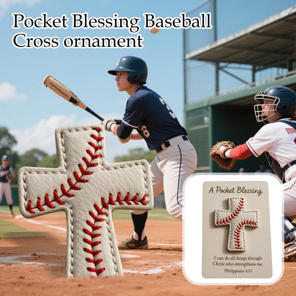 Pocket Blessing Baseball Cross Edition, Hand Sewn Baseball Pattern Pocket Cross Pendant