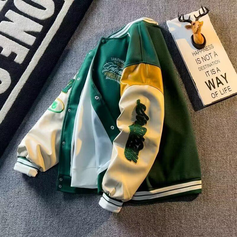 Chaqueta de Béisbol de Lana Patchwork Bordada Retro para Hombre - Primavera 2024 Estilo Coreano