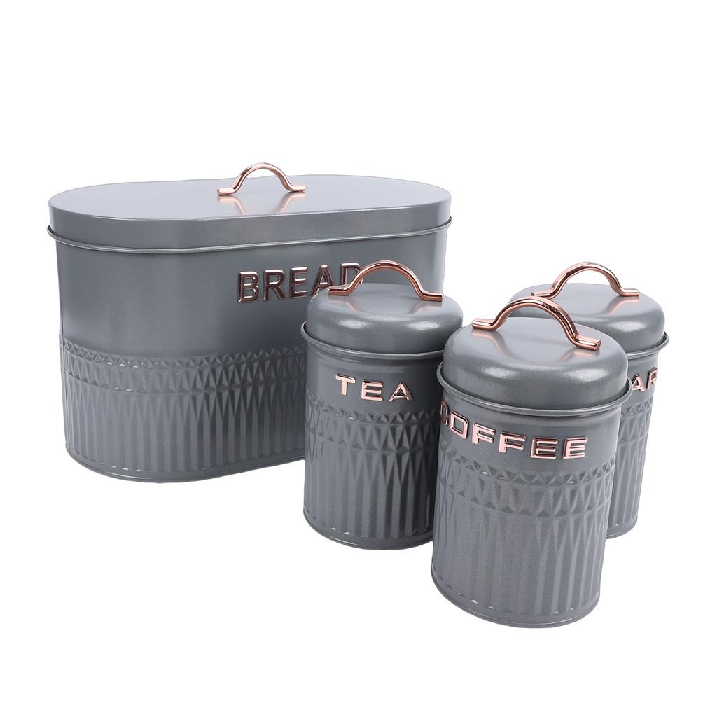 Set da 4 pezzi: Porta pane e barattoli in ferro per cucina, Caffè, Tè, Zucchero, Porta pane in metallo per piano di lavoro