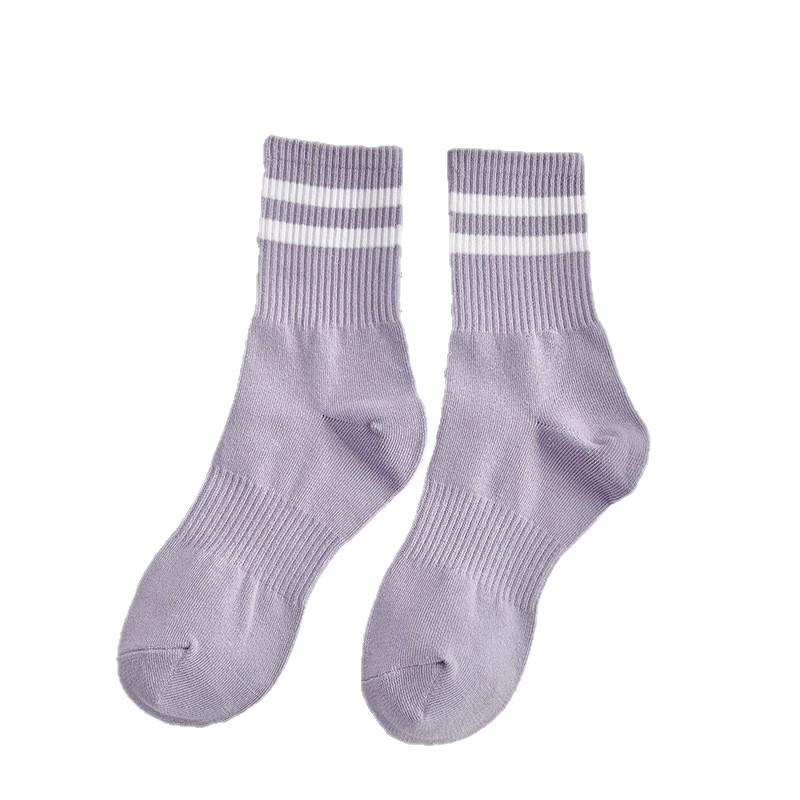 Women's Mid-Calf Two-Bar Stripe Pure Cotton Socks, Odor-Resistant, Anti-Pilling, Versatile for Sports and Casual Wear.