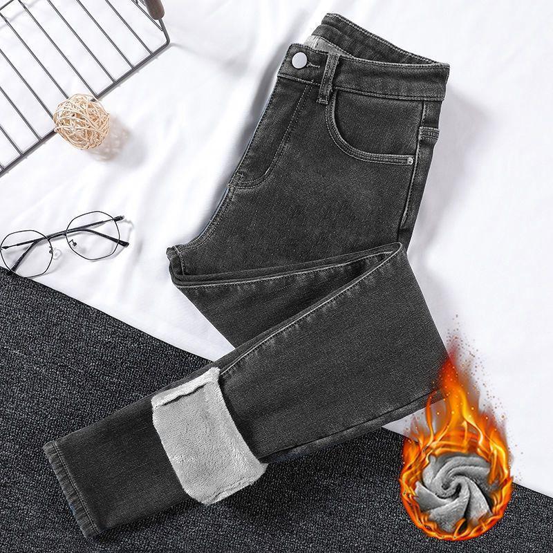 Damen Jeans 2025 Samtgefüttert Elastisch Slim Fit Koreanischer Stil Winterwarm