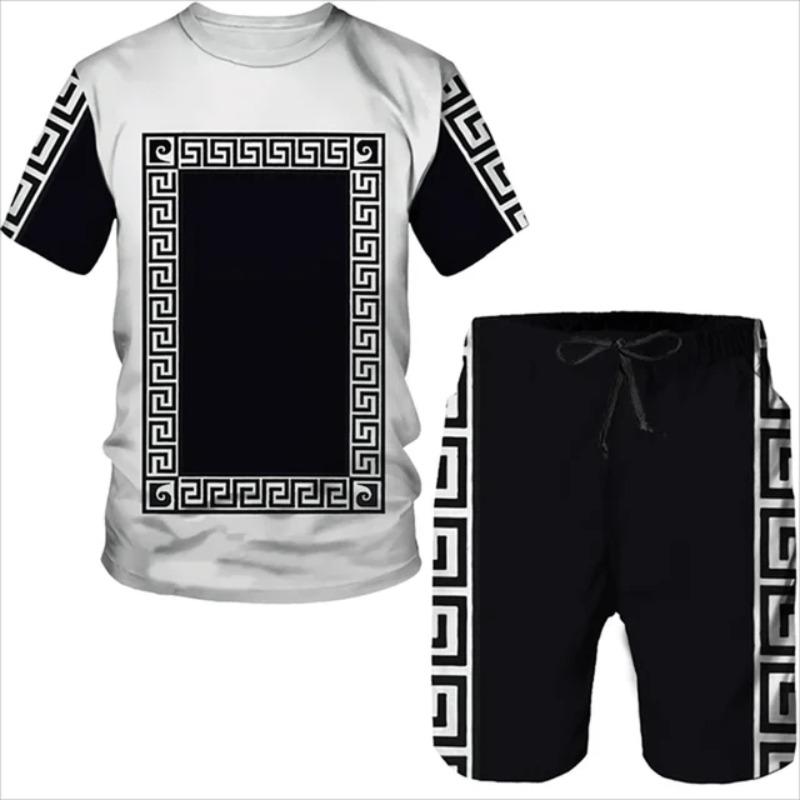 Summer 3D Printed T-shirt Shorts 2-Piece Set Casual Luxury Vintage Gold Pattern Men's Sports Suit 2024 Street Fashion Men's C