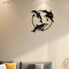 Arte da Parete in Metallo Cerchio Tre Delfini Piatto 2D Ferro Battuto Nero Taglio Laser Decorazione Carina Tema Costiero Oceano Casa