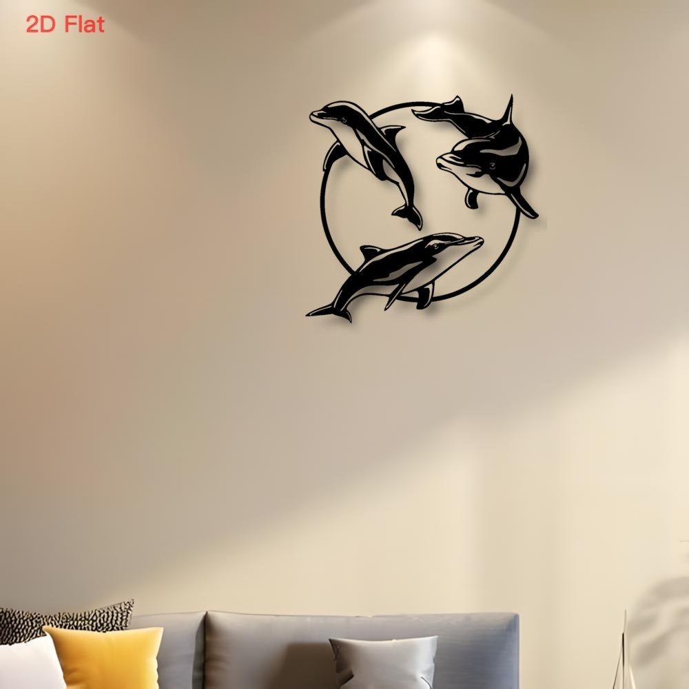 Arte da Parete in Metallo Cerchio Tre Delfini Piatto 2D Ferro Battuto Nero Taglio Laser Decorazione Carina Tema Costiero Oceano Casa