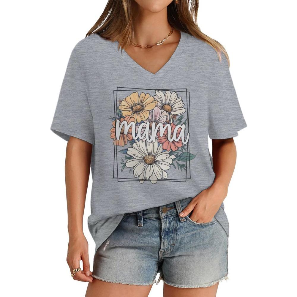 Flower Mama Boho Vintage T-shirt Happy Mother's Day Gift Classic Tops Mama V-neck T Shirts Casual Short Sleeve Tee