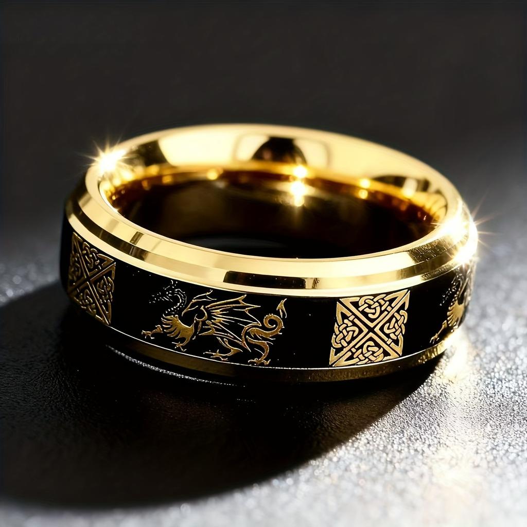 Fashion 8mm Celtic Men Stainless Steel Ring Inlaid Red Blue Zircon Stone Dragon Rings For Men, Carbon Fibre Rings Wedding Band