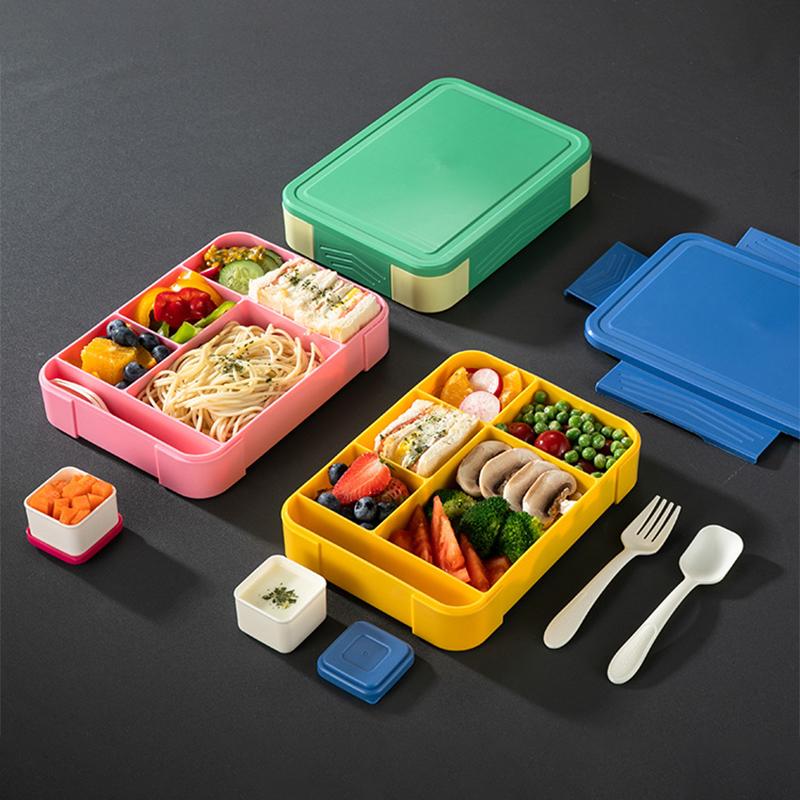 Fach-Lunchbox Kunststoff Tragbare Lunchbox Studenten Büro Bento-Box Mikrowellen-Lebensmittelbehälter mit Gabel und Löffel
