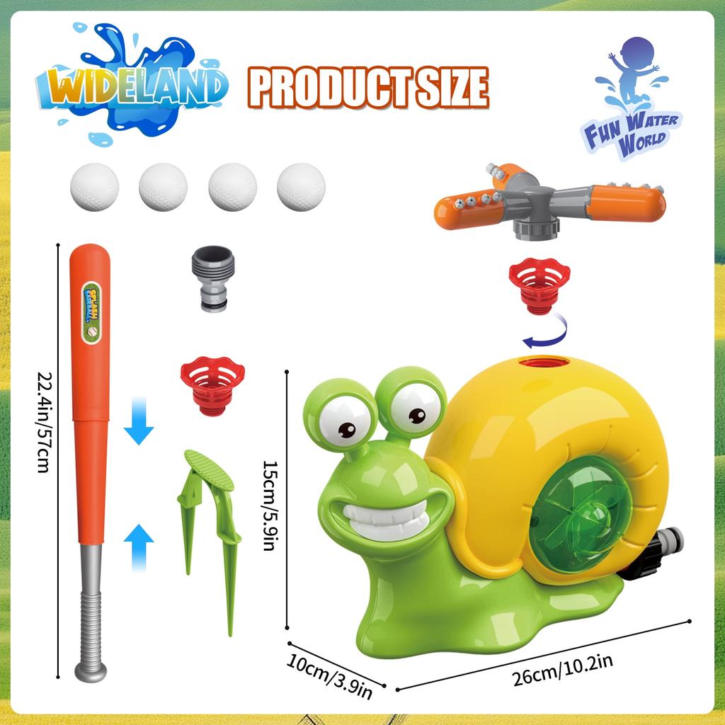 Water Sprinkler Baseball Toy Snail for Kids 3–12, 2 In 1 Outdoor Dual Sprayer Hitting Game with 360° Adjustable Spray, 80–120cm Water Jet