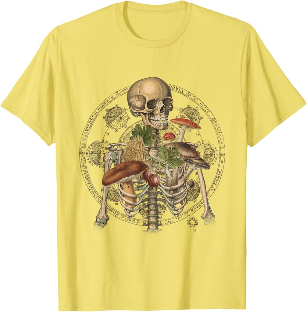 Skeleton With Mushrooms Goblincore Mycologist Fungi Graphic Tee Cotton Casual Trip T-Shirt