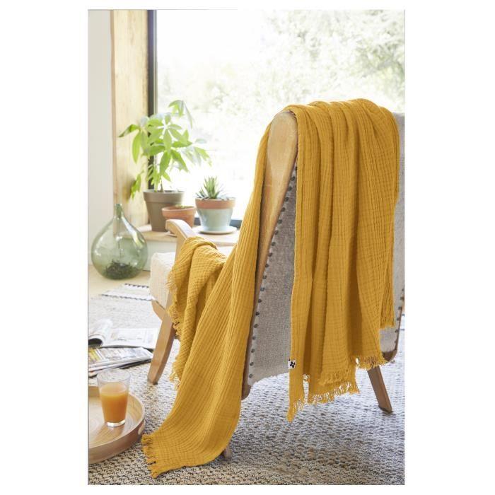 Plaid Quadruple Gaze De Coton 180 X 220 Cm Gaia Safran