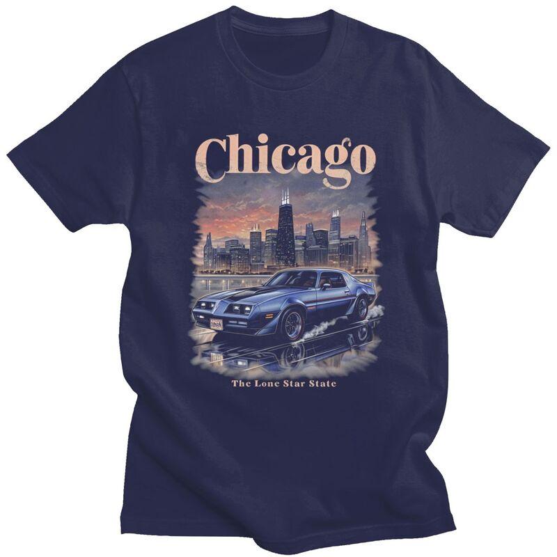 

Male Chicago Skyline Retro Car T Shirts Round Neck Pure Cotton Short Sleeve TShirt Novelty Loose Fit Summer Tyle Clothes 4XL