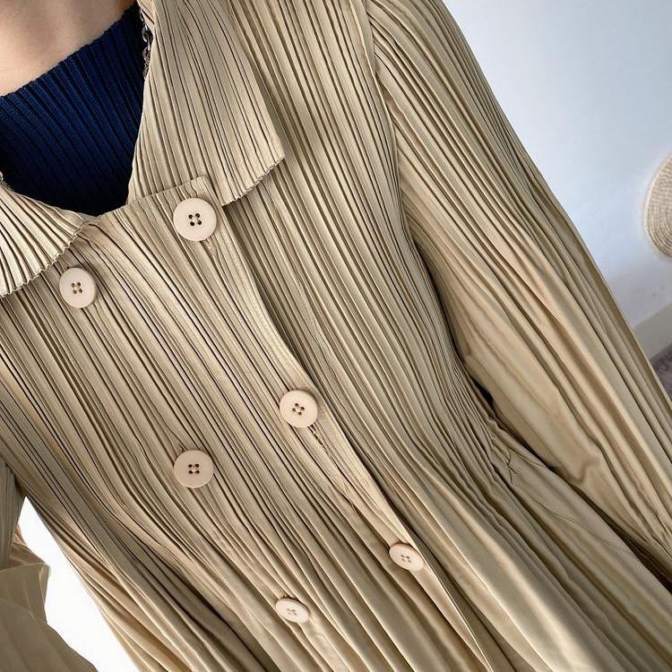 Women Pleated Trench Coat Long Loose Double Breasted Spring Autumn Fashion Versatile Pure Color Outerwear