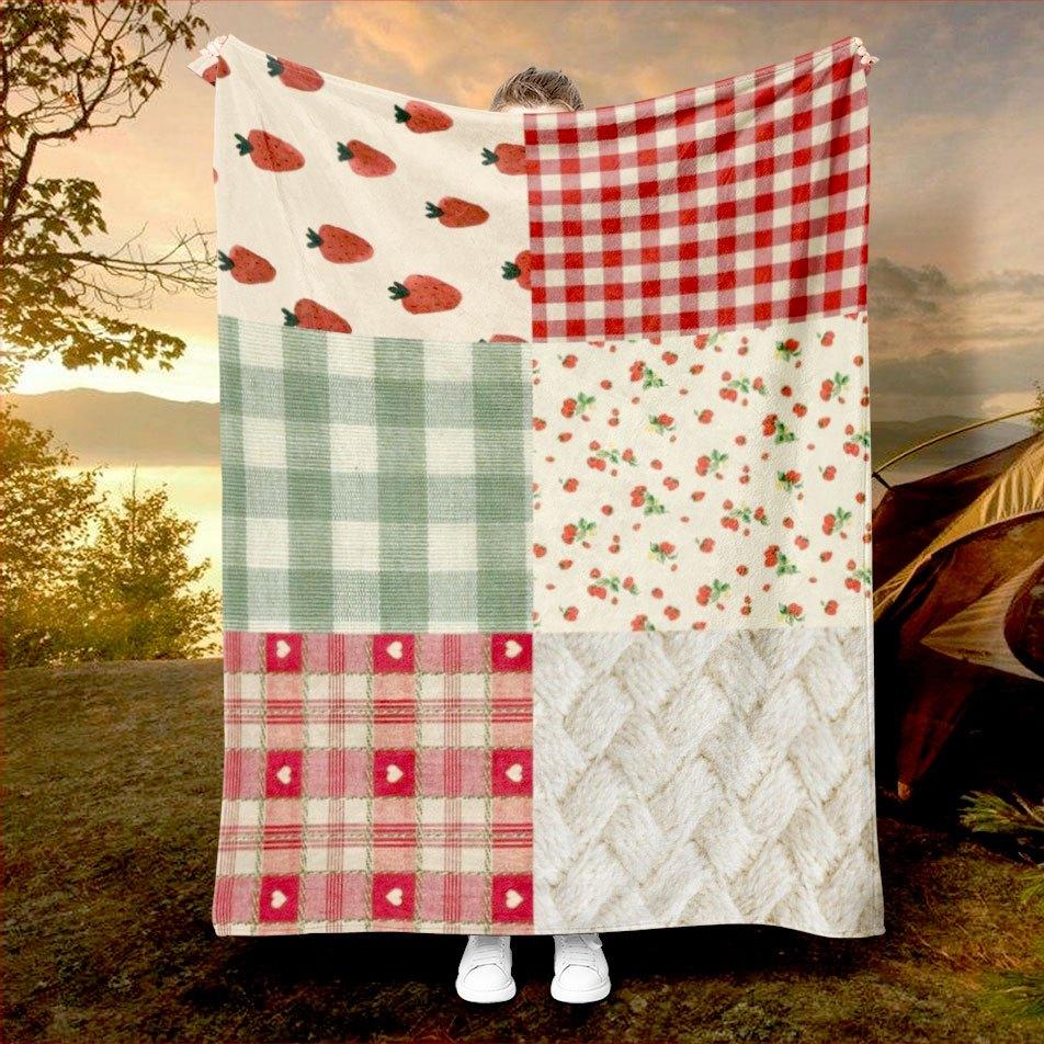 Retro Gingham Patchwork Blanket Reversible Flannel Throw for Vintage Charm AllSeason Comfort Country Style Gift