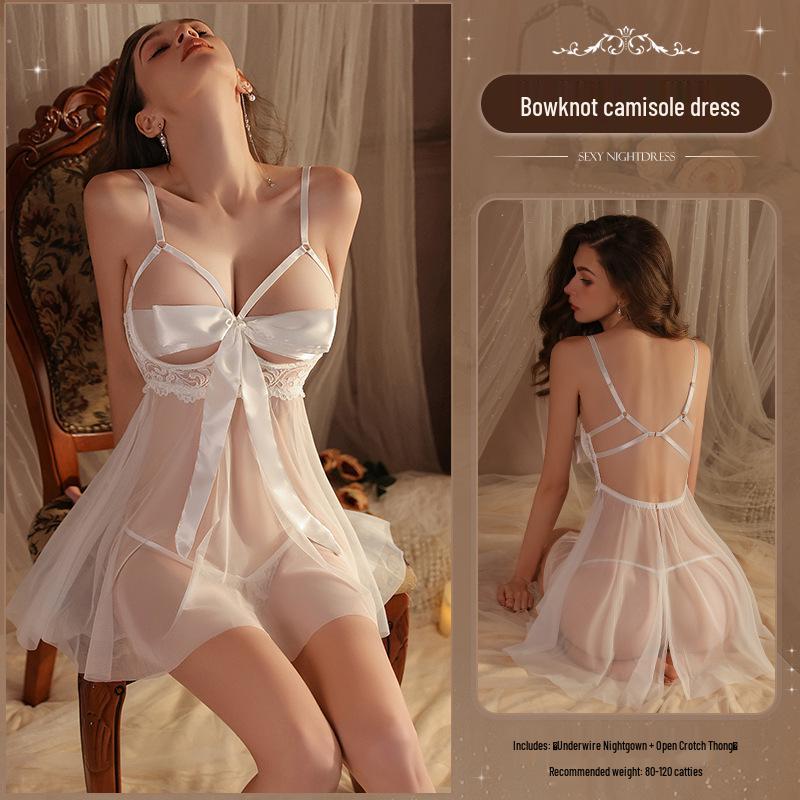 Man Yan Sexy Hollow-Out Bow Suspender Nightgown Sleepwear with Bust Support