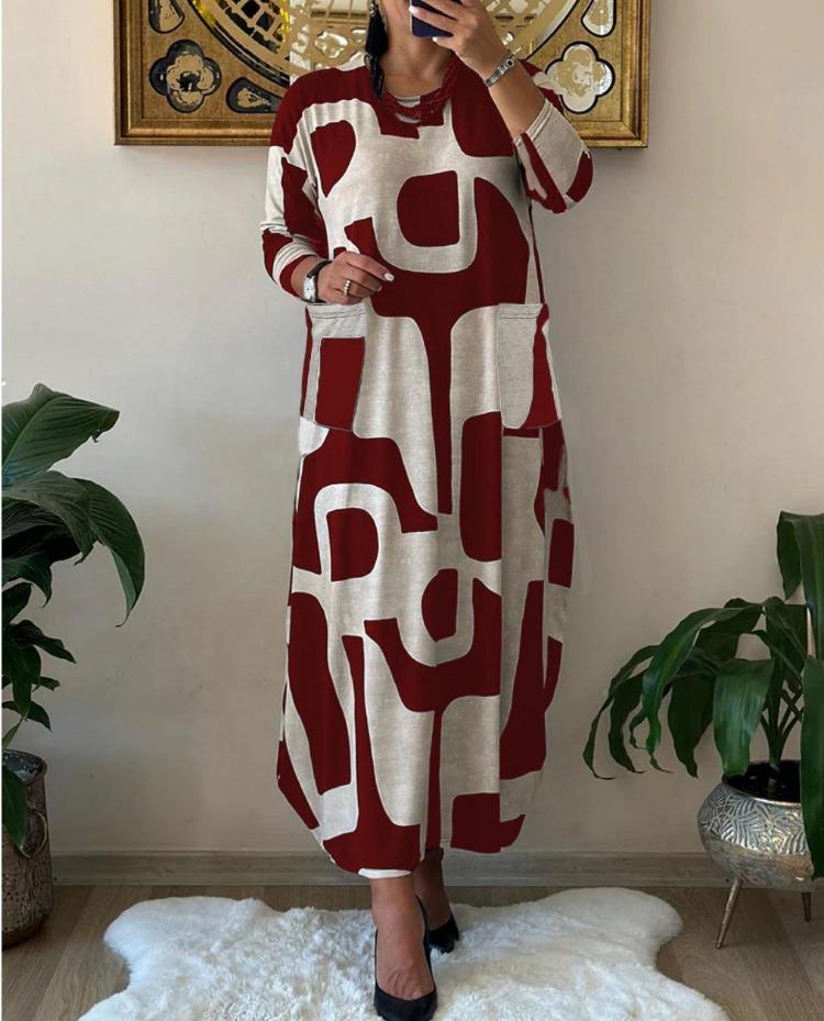 Abito Stampa Larga Autunno Inverno Donna Taglie Forti Manica Lunga Girocollo