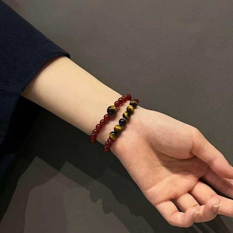 Red agate and yellow tiger eye stone bracelet, multi-bead double-loop natural crystal bracelet, auspicious and wealth-attracting jewelry Natural red agate+Tigerey