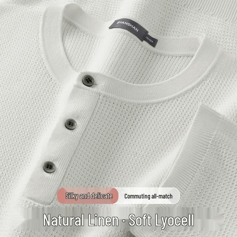 

SHANSHAN Men s Tencel-Linen Blend Mesh Henley T-Shirt M