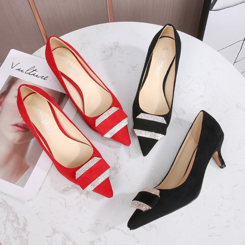Fashion Pointed Head Shallow Mouth High Heels To Work Daily Suede Women's Single Shoes Thin Heel Rhinestone Women's Shoes One Piece