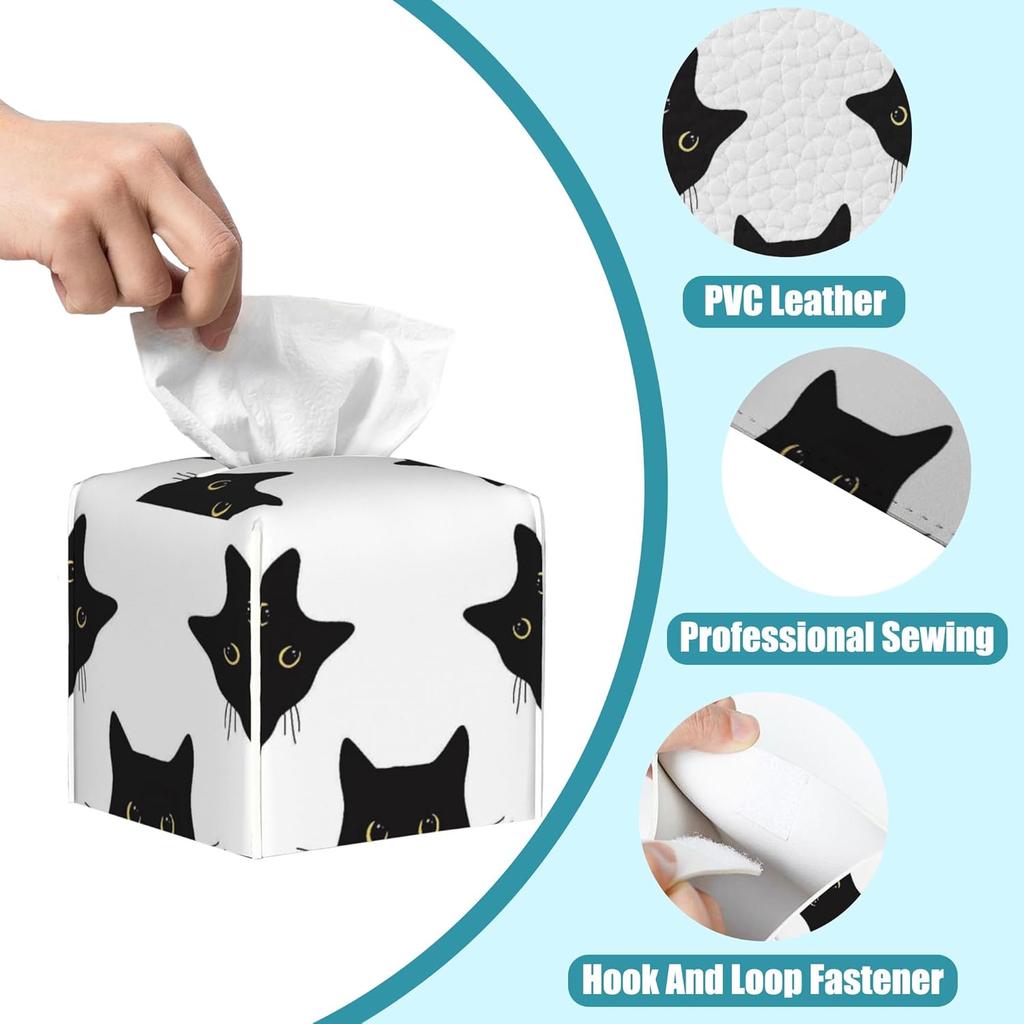 Black Cats Tissue Box Cover Square,Leather Tissue Holder with Bottom Belt,Waterproof Leather Facial Paper Organizer Tissue Box Cover for Home Office