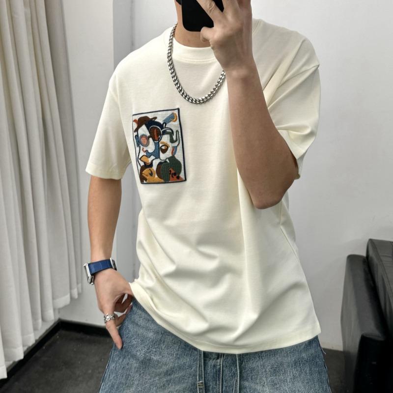 Men Summer Embroidery Simple Casual Tees Streetwear Y2K Comfortable Basic T Shirt Male Trendy Round Neck Short Sleeve Loose Tops