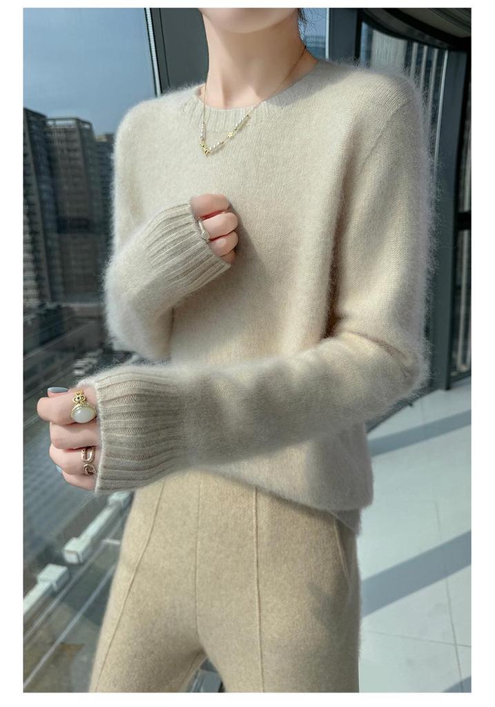 Lekasha Women's Slim Fit 100% Cashmere Round Neck Sweater - Solid Color, Long Sleeve.