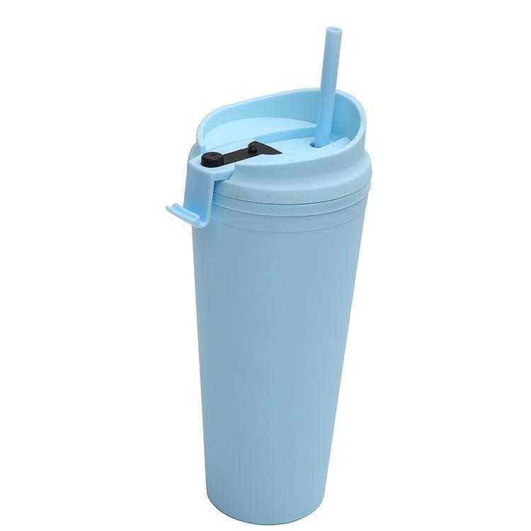24oz Large Capacity Double-Layer Plastic Straw Cup Portable Flip-Top Lid Outdoor Frosted Design Direct Drinking for