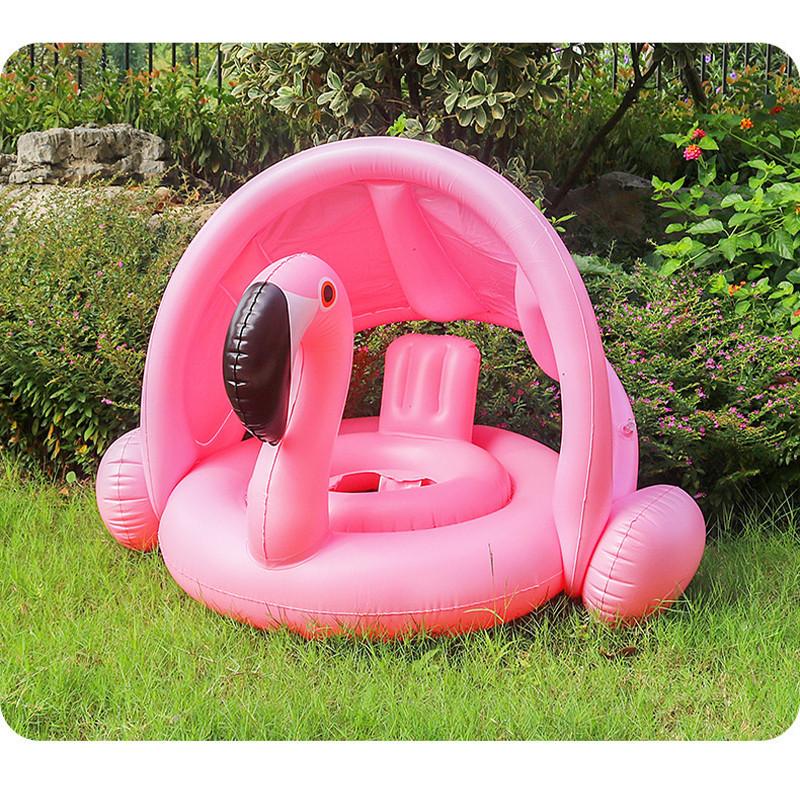 Inflatable Flamingo Seat Ring With Canopy Sunshade Cover Water Play Toy For Kids