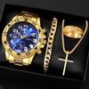 Men's Minimalist Black Quartz Watch Set  4-Piece Fashion Gift Set with Calendar Function, Bracelet, Necklace & Ring,
