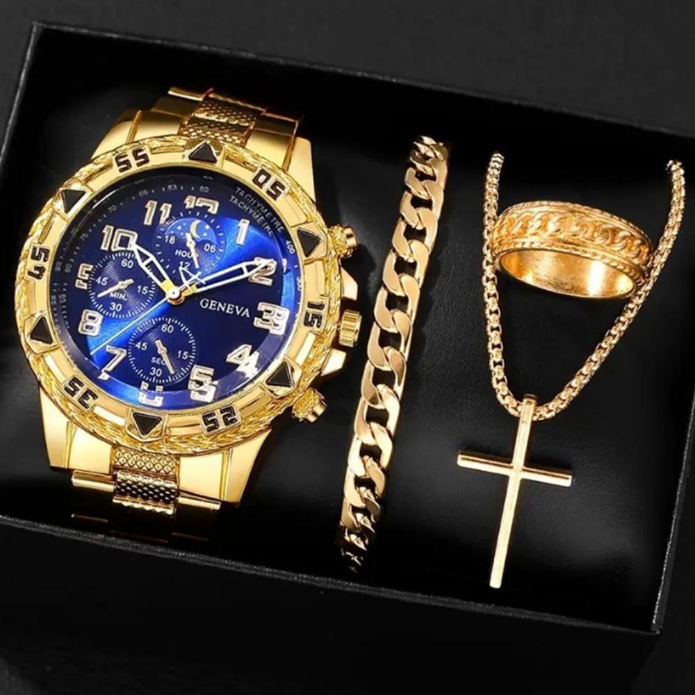 Men's Minimalist Black Quartz Watch Set 4-Piece Fashion Gift Set with Calendar Function, Bracelet, Necklace & Ring,