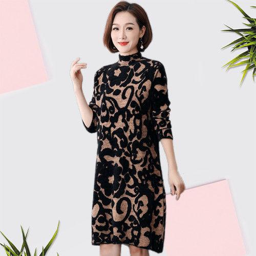 Women's Plus-size Sweater Dress Autumn Winter Fleece Mid-length Straight Knitted Dress Printed Flocking High-neck Skin-friendly Knitted Dress