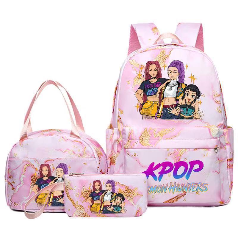 KPOP Dämonenjägerin Girlgroup Rucksack, Brotdose & Federmäppchen Set - Anime Schultasche & Bento Box Kombi