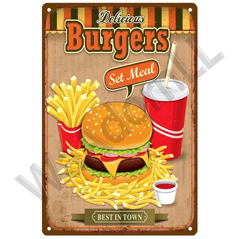 Metal Sign Home Decor Fast Food Vintage Tin Sign Plaque Metal Retro Plate Hot Dog Poster Wall Decor For Kitchen Cafe Diner Bar