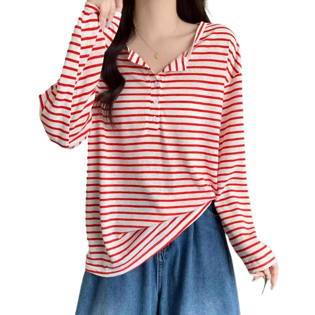 Lightweight Korean Style Sun Protection Shirt Stripe Long Sleeve T-Shirt Women's Summer Loose Casual Top Slightly See-through